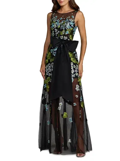 Mac Duggal Women's Floral Embroidered Bow Appliqué Mesh Gown | Thumbnail 1 Mac Duggal Women's Floral Embroidered Bow Appliqué Mesh Gown | Thumbnail 1
