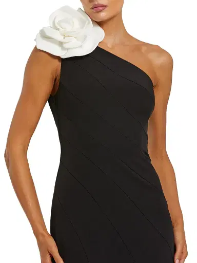 Mac Duggal Women's Flower-Detailed Crepe One-Shoulder Mermaid Gown - Black Ivory - Size 16 | Thumbnail 3 Mac Duggal Women's Flower-Detailed Crepe One-Shoulder Mermaid Gown - Black Ivory - Size 16 | Thumbnail 3