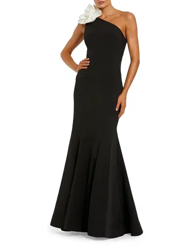 Mac Duggal Women's Flower-Detailed Crepe One-Shoulder Mermaid Gown - Black Ivory - Size 16 | Thumbnail 1 Mac Duggal Women's Flower-Detailed Crepe One-Shoulder Mermaid Gown - Black Ivory - Size 16 | Thumbnail 1