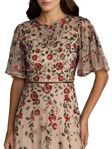 Mac Duggal Women's Floral Beaded Mesh Midi-Dress - Antique Rose - Size 18 | Thumbnail 3