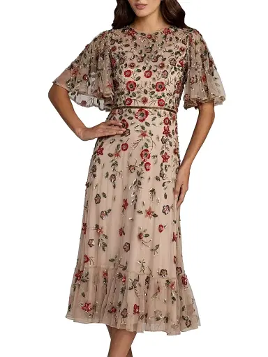 Mac Duggal Women's Floral Beaded Mesh Midi-Dress - Antique Rose - Size 18 | Thumbnail 1