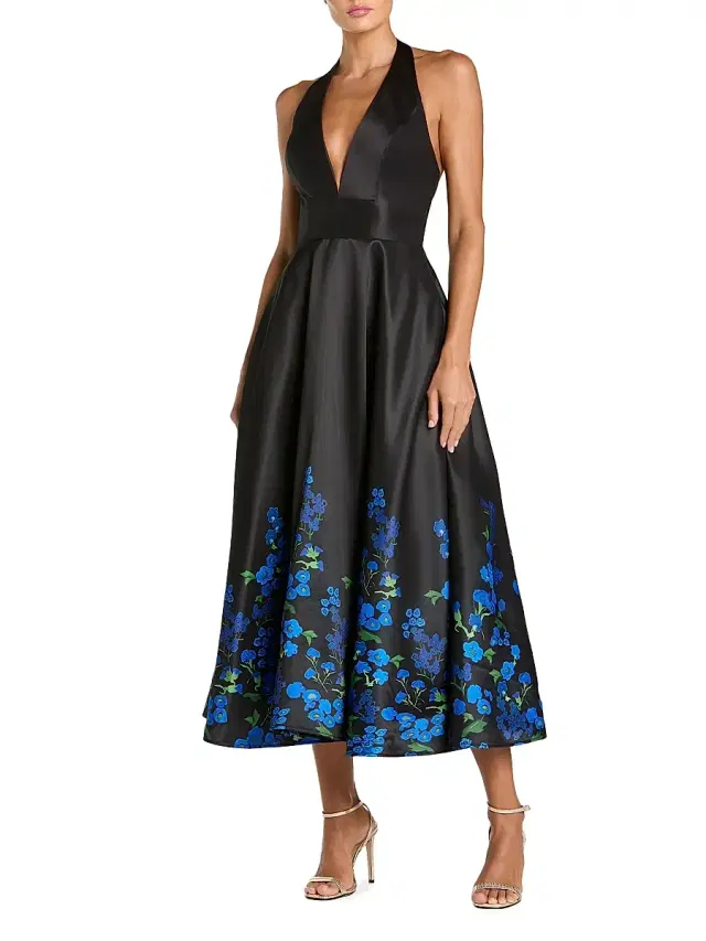 Mac Duggal Women's Floral Satin Halterneck Midi-Dress - Black Multi