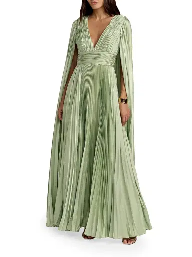 Mac Duggal Women's Metallic Pleated Charmeuse Cape Gown | Thumbnail 1 Mac Duggal Women's Metallic Pleated Charmeuse Cape Gown | Thumbnail 1