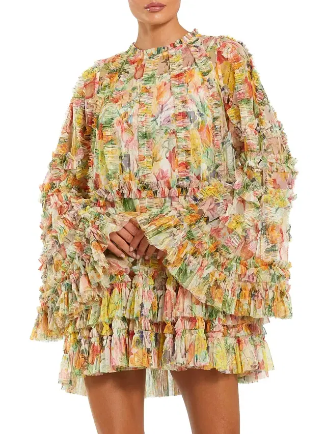 Women's Cocktail Ruffled Floral Tent Dress -  Multi