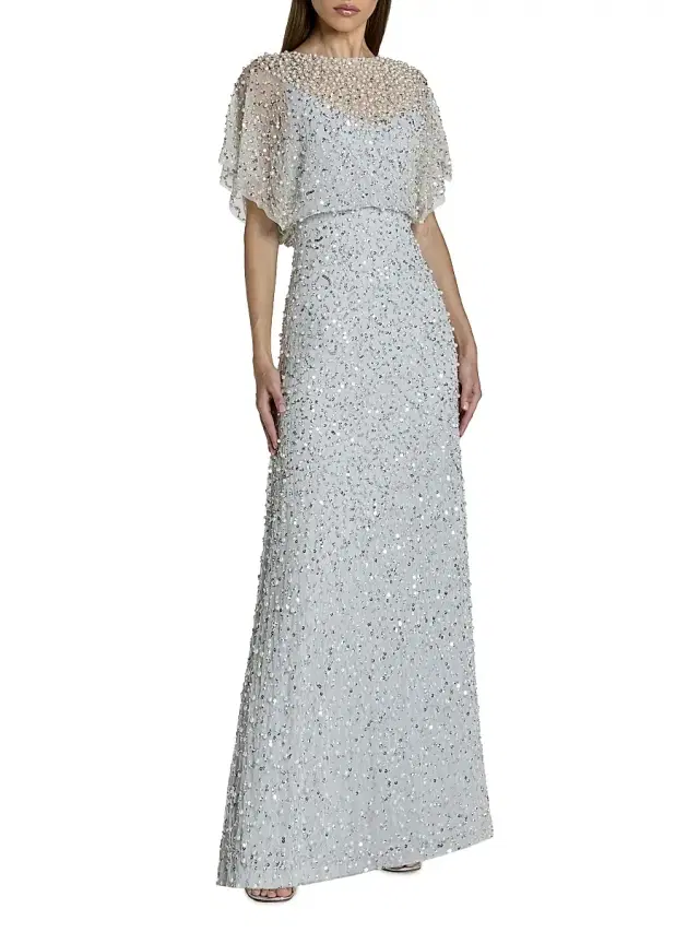 Mac Duggal Women's Beaded Sequin Shawl Gown - Powder Blue