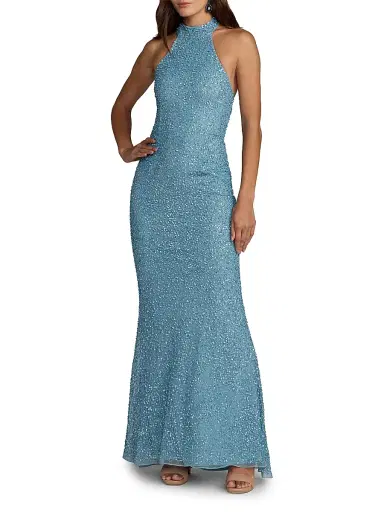 Mac Duggal Women's Sequined Halterneck Column Gown - Ice Blue - Size 12 | Thumbnail 1 Mac Duggal Women's Sequined Halterneck Column Gown - Ice Blue - Size 12 | Thumbnail 1