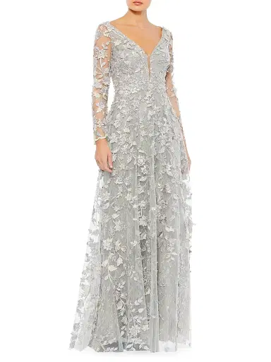 Mac Duggal Women's 3D Floral-Embellished Lace Gown - Platinum - Size 18 | Thumbnail 1 Mac Duggal Women's 3D Floral-Embellished Lace Gown - Platinum - Size 18 | Thumbnail 1