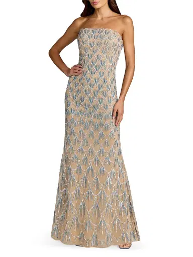 Mac Duggal Women's Embellished Mesh Trumpet Gown - Beige Silver - Size 14 | Thumbnail 1 Mac Duggal Women's Embellished Mesh Trumpet Gown - Beige Silver - Size 14 | Thumbnail 1