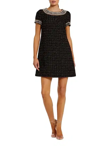 Mac Duggal Women's Short Sleeve Bouclé Minidress With Beading Detail - Black Gold - Size XL | Thumbnail 2