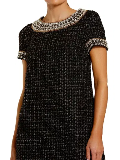 Mac Duggal Women's Short Sleeve Bouclé Minidress With Beading Detail - Black Gold - Size XL | Thumbnail 4