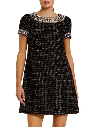 Mac Duggal Women's Short Sleeve Bouclé Minidress With Beading Detail - Black Gold - Size XL | Thumbnail 1