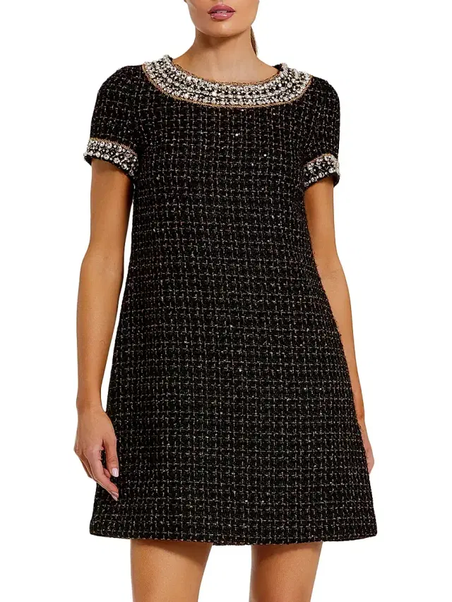 Mac Duggal Women's Short Sleeve Bouclé Minidress With Beading Detail - Black Gold