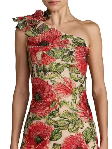 Mac Duggal Women's Floral Appliqué Fringed One-Shoulder Gown - Beige Multi - Size 14 | Thumbnail 3 Mac Duggal Women's Floral Appliqué Fringed One-Shoulder Gown - Beige Multi - Size 14 | Thumbnail 3