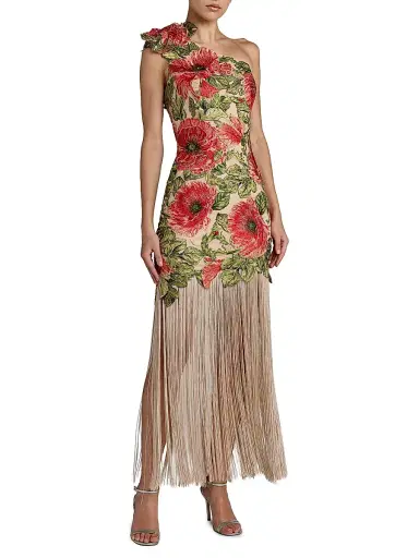 Mac Duggal Women's Floral Appliqué Fringed One-Shoulder Gown - Beige Multi - Size 14 | Thumbnail 1 Mac Duggal Women's Floral Appliqué Fringed One-Shoulder Gown - Beige Multi - Size 14 | Thumbnail 1