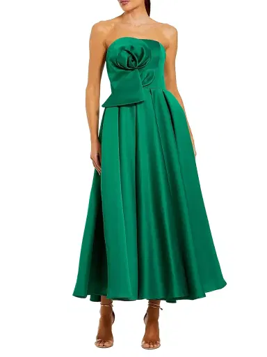 Mac Duggal Women's Rosette Satin Strapless A-Line Midi-Dress - Emerald - Size 10 | Thumbnail 1 Mac Duggal Women's Rosette Satin Strapless A-Line Midi-Dress - Emerald - Size 10 | Thumbnail 1