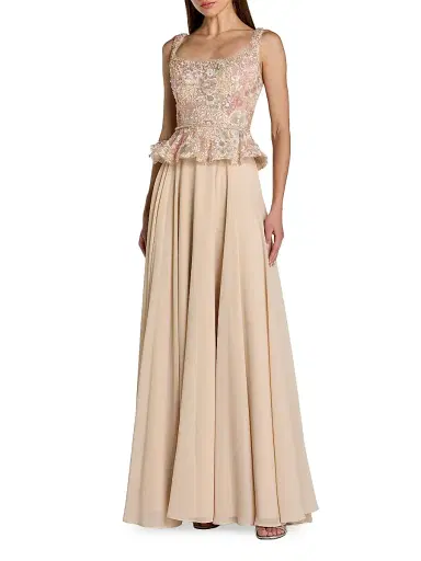 Mac Duggal Women's Floral-Embroidered Peplum Gown - Champagne - Size 14 | Thumbnail 1