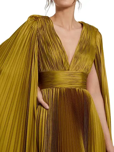 Mac Duggal Women's Metallic Pleated Charmeuse Cape Gown - Chartreuse - Size 16 | Thumbnail 3 Mac Duggal Women's Metallic Pleated Charmeuse Cape Gown - Chartreuse - Size 16 | Thumbnail 3