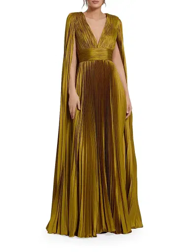 Mac Duggal Women's Metallic Pleated Charmeuse Cape Gown - Chartreuse - Size 16 | Thumbnail 1 Mac Duggal Women's Metallic Pleated Charmeuse Cape Gown - Chartreuse - Size 16 | Thumbnail 1