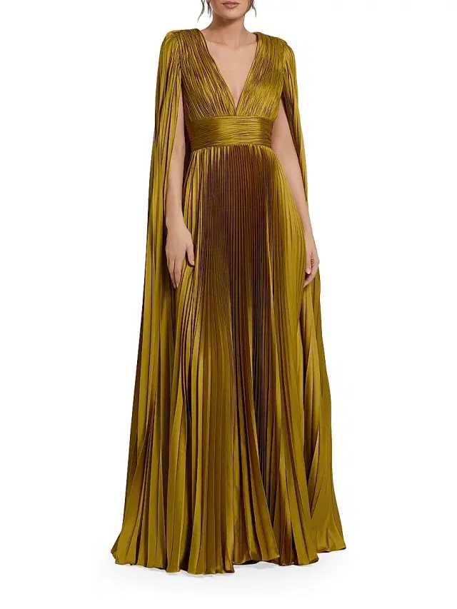 Women's Metallic Pleated Charmeuse Cape Gown - Chartreuse