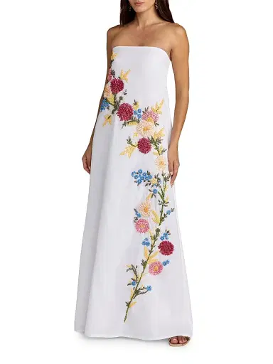 Mac Duggal Women's Floral Embroidered Linen Strapless Trapeze Gown - White Multi - Size Large | Thumbnail 1