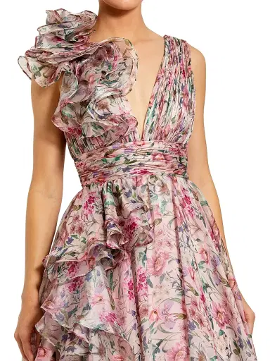 Mac Duggal Women's Floral Chiffon Ruffled V-Neck Gown - Pink Multi - Size 16 | Thumbnail 3