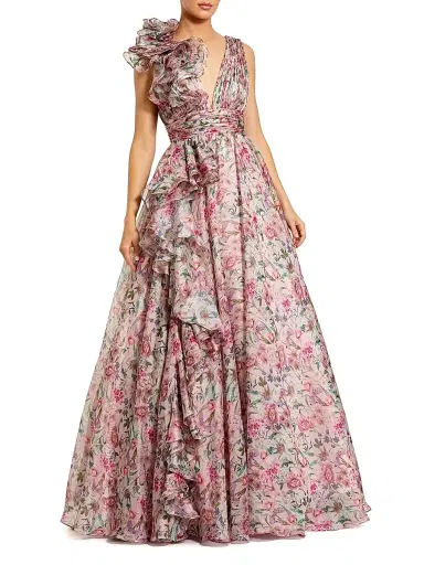 Mac Duggal Women's Floral Chiffon Ruffled V-Neck Gown - Pink Multi - Size 16 | Thumbnail 1