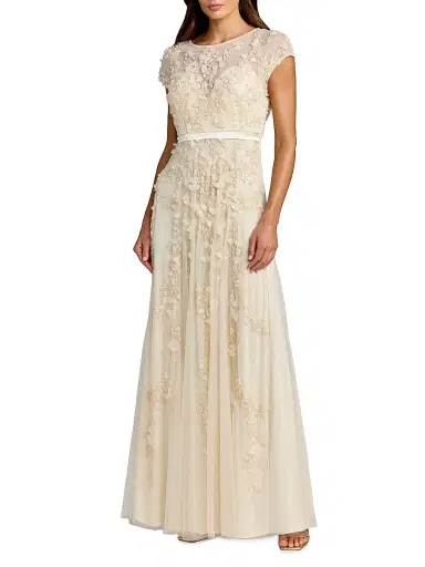 Mac Duggal Women's Evening Floral-Embroidered Mesh Gown - Butter - Size 18 | Thumbnail 1 Mac Duggal Women's Evening Floral-Embroidered Mesh Gown - Butter - Size 18 | Thumbnail 1