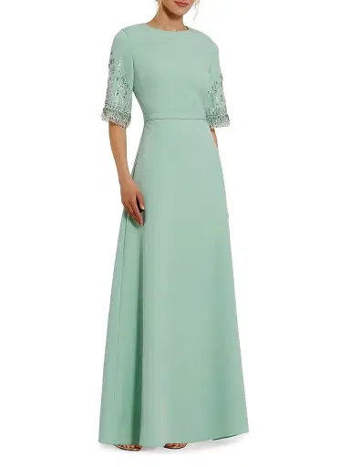 Mac Duggal Women's Crêpe Beaded-Sleeve A-Line Gown - Sage - Size 16 | Thumbnail 1 Mac Duggal Women's Crêpe Beaded-Sleeve A-Line Gown - Sage - Size 16 | Thumbnail 1