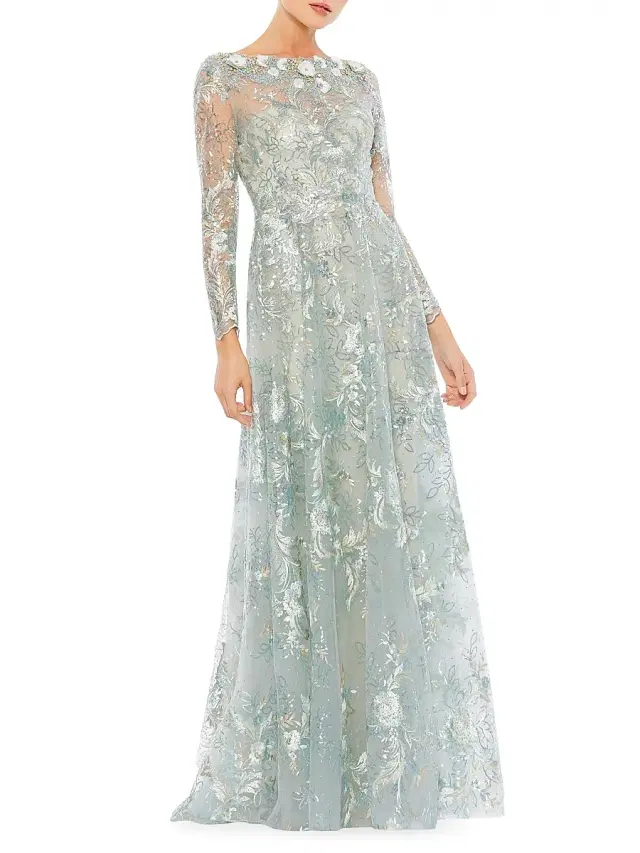 Women's Floral Embroidered Illusion Gown - Mist