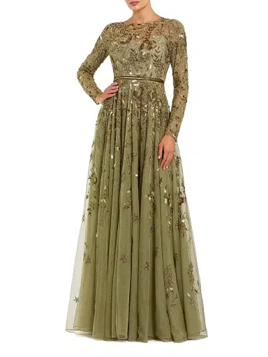 Mac Duggal Women's Embellished Floral-Embroidered Mesh Gown - Green - Size 14 | Thumbnail 1 Mac Duggal Women's Embellished Floral-Embroidered Mesh Gown - Green - Size 14 | Thumbnail 1
