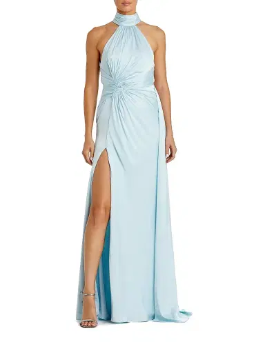 Mac Duggal Women's Halterneck Open-Back Satin Gown - Powder Blue - Size 12 | Thumbnail 1 Mac Duggal Women's Halterneck Open-Back Satin Gown - Powder Blue - Size 12 | Thumbnail 1