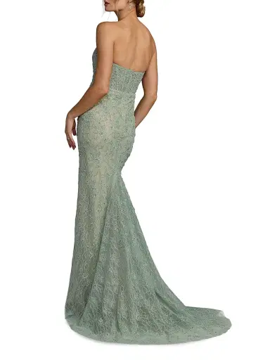 Mac Duggal Women's Embellished Floral Lace Strapless Gown - Sage - Size 0 | Thumbnail 2 Mac Duggal Women's Embellished Floral Lace Strapless Gown - Sage - Size 0 | Thumbnail 2