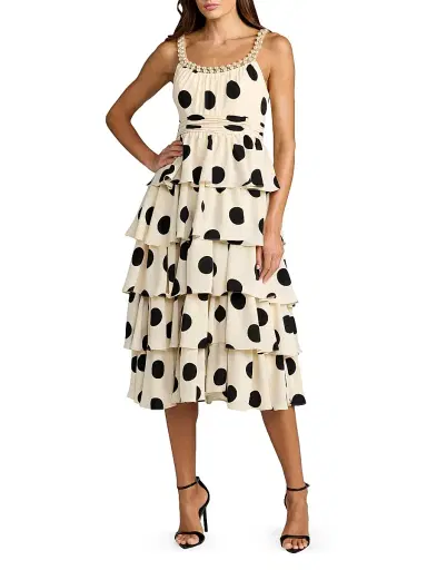 Mac Duggal Women's Polka Dot Charmeuse Tiered Satin Midi-Dress - Black Ivory - Size 14 | Thumbnail 1