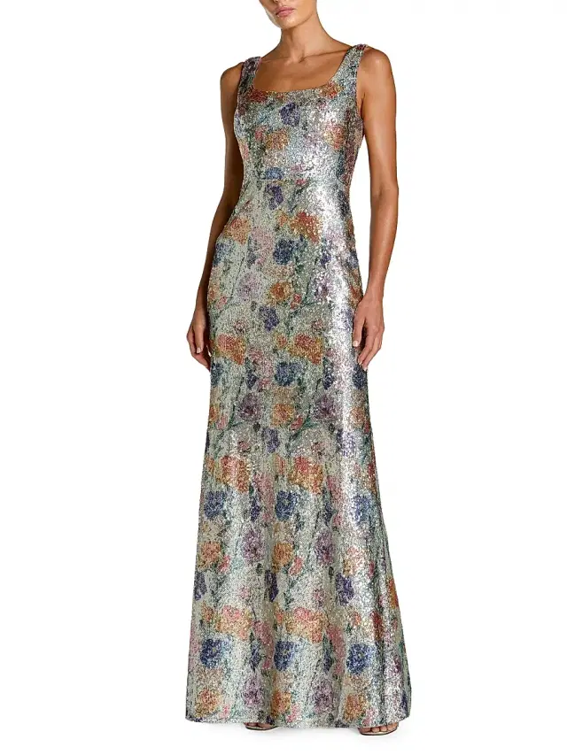 Women's Floral Sequined Sleeveless Metallic Gown - Silver Multi