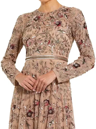 Mac Duggal Women's Floral-Embellished Mesh A-Line Gown - Mocha | Thumbnail 3
