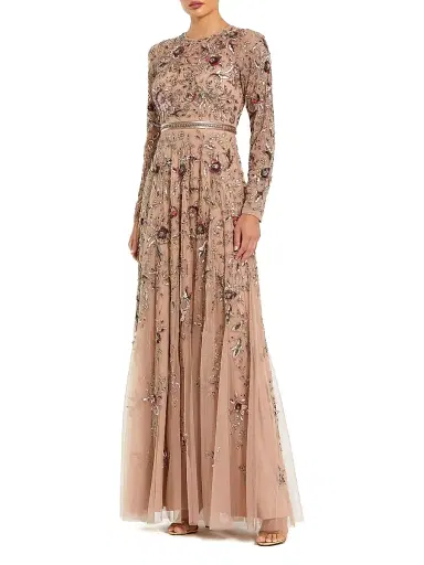 Mac Duggal Women's Floral-Embellished Mesh A-Line Gown - Mocha | Thumbnail 1