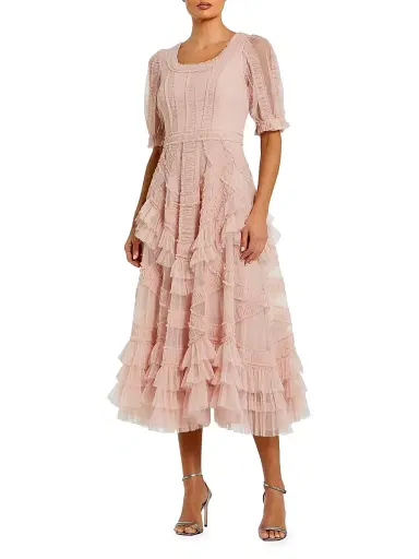 Mac Duggal Women's Mesh Ruffled Scoopneck Midi-Dress | Thumbnail 1 Mac Duggal Women's Mesh Ruffled Scoopneck Midi-Dress | Thumbnail 1