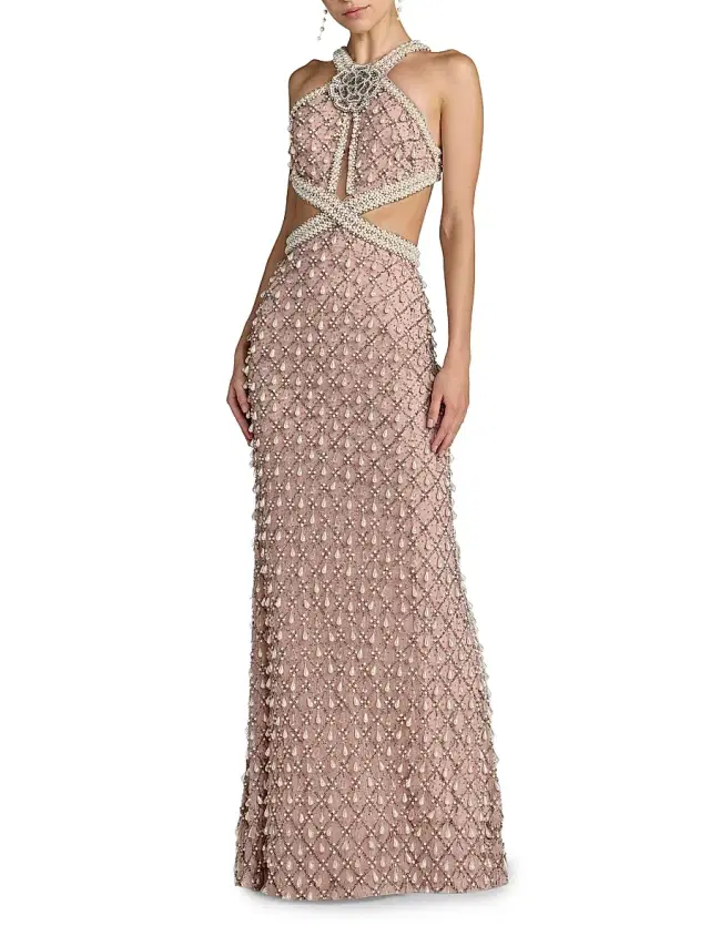 Mac Duggal Women's Embellished Cut-Out Halterneck Gown - Light Rose