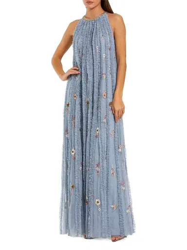 Mac Duggal Women's Ruffled Floral Mesh Maxi Dress - Blue Multi - Size 18 | Thumbnail 1