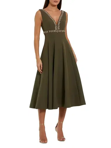 Mac Duggal Women's Beaded Crepe A-Line Midi-Dress - Olive - Size 14 | Thumbnail 1