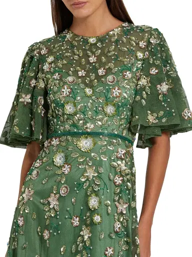 Mac Duggal Women's Floral Beaded Mesh Midi-Dress - Sage - Size 16 | Thumbnail 3