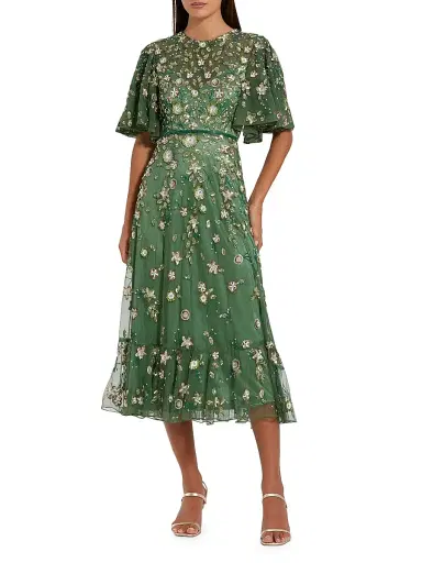 Mac Duggal Women's Floral Beaded Mesh Midi-Dress - Sage - Size 16 | Thumbnail 1