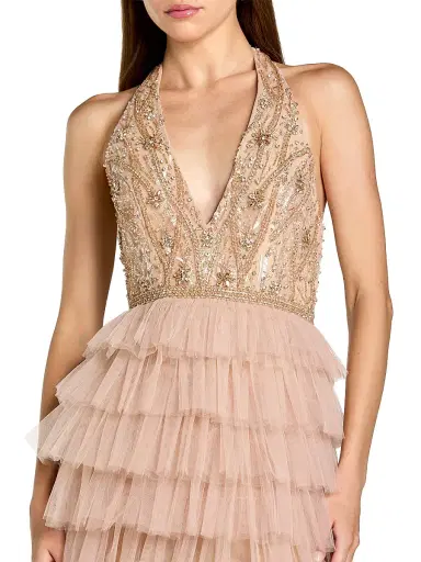 Mac Duggal Women's Beaded Tulle Ruffle Column Gown - Beige - Size 12 | Thumbnail 3