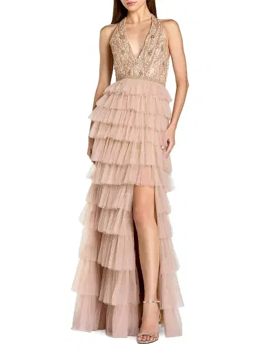 Mac Duggal Women's Beaded Tulle Ruffle Column Gown - Beige - Size 12 | Thumbnail 1