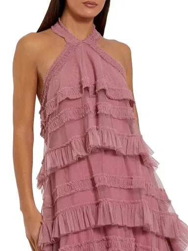 Mac Duggal Women's Cocktail Mesh Ruffle Halter Maxi Dress | Thumbnail 3
