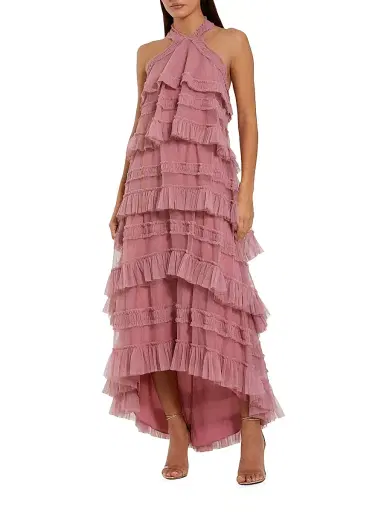 Mac Duggal Women's Cocktail Mesh Ruffle Halter Maxi Dress | Thumbnail 1