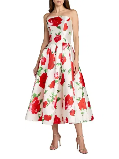 Mac Duggal Women's Floral Strapless Satin Midi-Dress - Rose Multi - Size 14 | Thumbnail 1