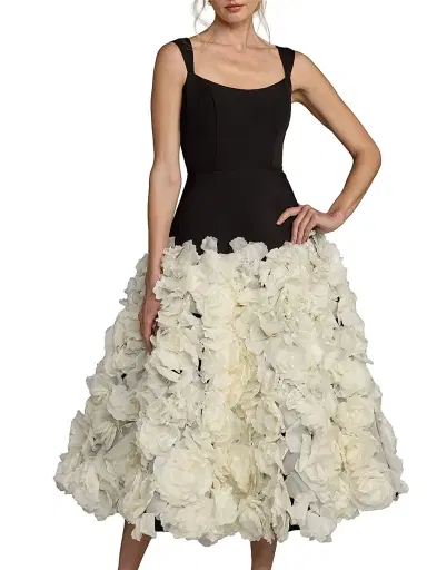 Mac Duggal Women's 3D Floral Drop-Waist Midi-Dress - Black Cream - Size 12 | Thumbnail 1 Mac Duggal Women's 3D Floral Drop-Waist Midi-Dress - Black Cream - Size 12 | Thumbnail 1