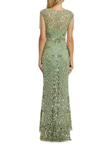 Mac Duggal Women's Beaded Fringe Gown - Sage - Size 10 | Thumbnail 2