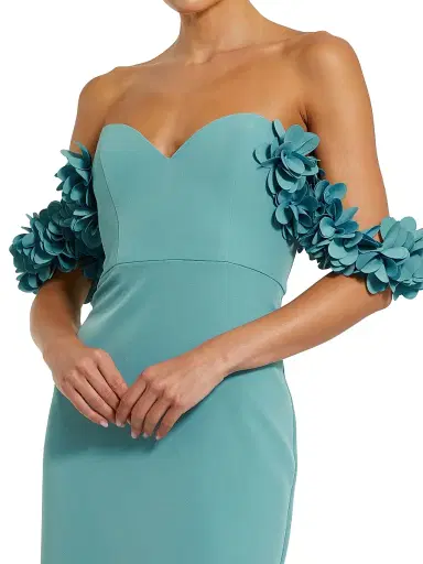 Mac Duggal Women's Crepe 3D Flower Off-The-Shoulder Gown - Teal - Size 16 | Thumbnail 3